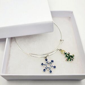 Christmas Tree Charm Bracelet, Silver Snowflake Bracelet For Women